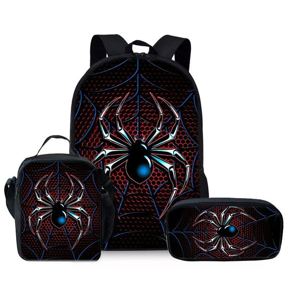 Style 2 3 Piece Spider Print School Bag Set - Large Capacity Polyester Backpack, Insulated Lunch Bag and Pencil Case - Lightweight Student Bookbag with Side Pocket for Boys Teens Kids