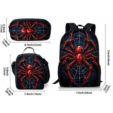 Style 2 3 Piece Spider Print School Bag Set - Large Capacity Polyester Backpack, Insulated Lunch Bag and Pencil Case - Lightweight Student Bookbag with Side Pocket for Boys Teens - 0