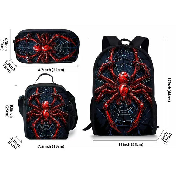 Style 2 3 Piece Spider Print School Bag Set - Large Capacity Polyester Backpack, Insulated Lunch Bag and Pencil Case - Lightweight Student Bookbag with Side Pocket for Boys Teens Kids