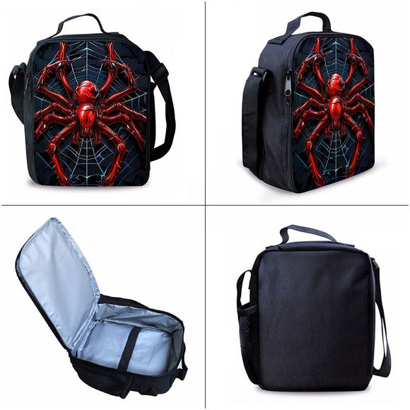 Style 2 3 Piece Spider Print School Bag Set - Large Capacity Polyester Backpack, Insulated Lunch Bag and Pencil Case - Lightweight Student Bookbag with Side Pocket for Boys Teens Kids