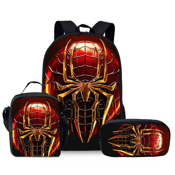 Style 7 3 Piece Spider Print School Bag Set - Large Capacity Polyester Backpack, Insulated Lunch Bag and Pencil Case - Lightweight Student Bookbag with Side Pocket for Boys Teens