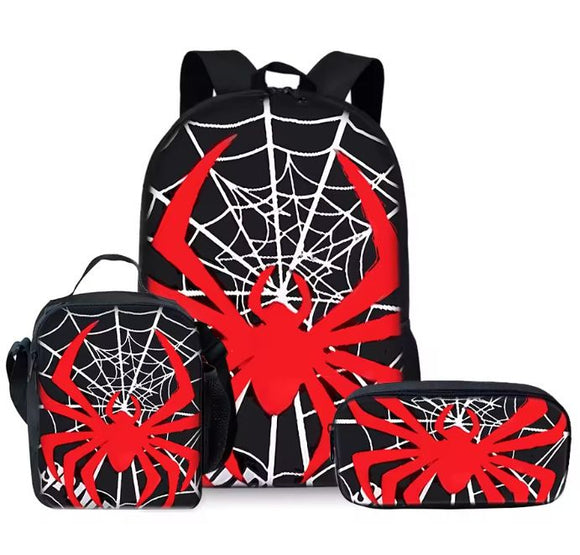 Style 12 3 Piece Spider Print School Bag Set - Large Capacity Polyester Backpack, Insulated Lunch Bag and Pencil Case - Lightweight Student Bookbag with Side Pocket for Boys Teens Kids