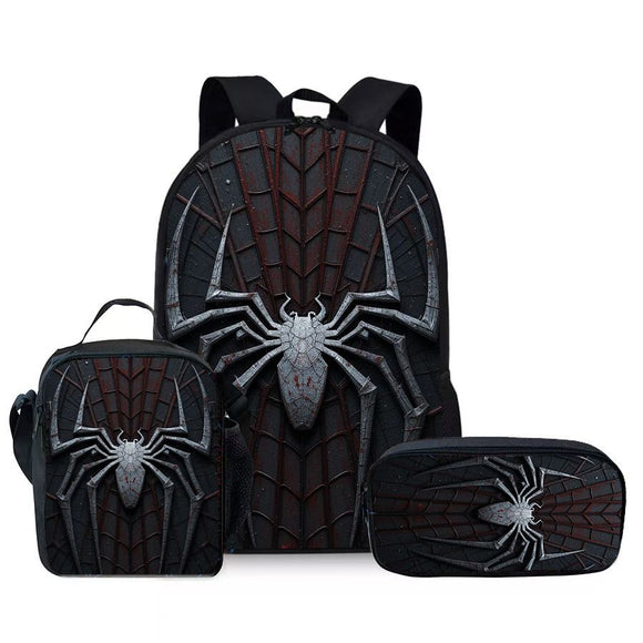 Style 19 3 Piece Spider Print School Bag Set - Large Capacity Polyester Backpack, Insulated Lunch Bag and Pencil Case - Lightweight Student Bookbag with Side Pocket for Boys Teens Kids