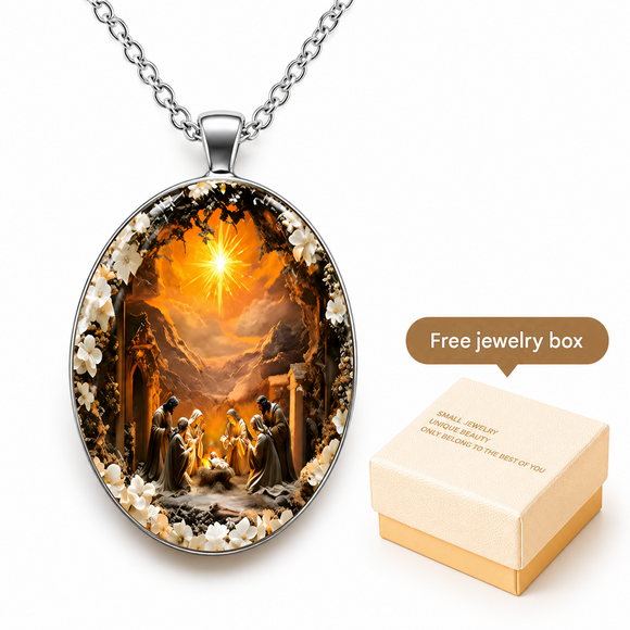 Pattern 1 Christian  Scene Pendant Necklace - Silver Oval Alloy Glass Charm 4.5x3cm on 50cm Chain - Religious Faith Gift for Women Men