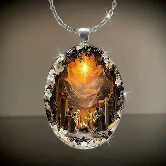 Pattern 1 Christian  Scene Pendant Necklace - Silver Oval Alloy Glass Charm 4.5x3cm on 50cm Chain - Religious Faith Gift for Women Men
