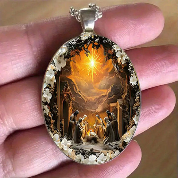 Pattern 1 Christian  Scene Pendant Necklace - Silver Oval Alloy Glass Charm 4.5x3cm on 50cm Chain - Religious Faith Gift for Women Men
