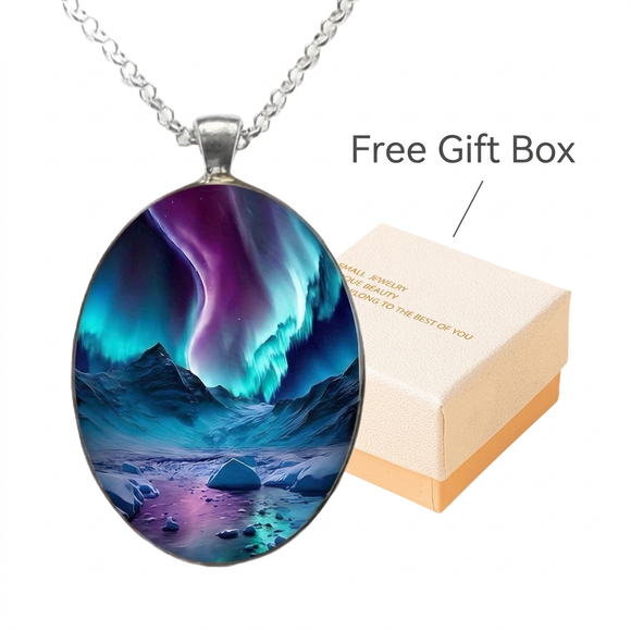 Pattern 1 Aurora Borealis Oval Pendant Necklace - Northern Lights Landscape Alloy Jewelry with 50cm Chain - Teal and Purple Art Charm for Women - Nature Inspired Gift Accessory