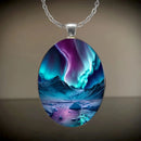 Pattern 1 Aurora Borealis Oval Pendant Necklace - Northern Lights Landscape Alloy Jewelry with 50cm Chain - Teal and Purple Art Charm for Women - Nature Inspired Gift Accessory-3