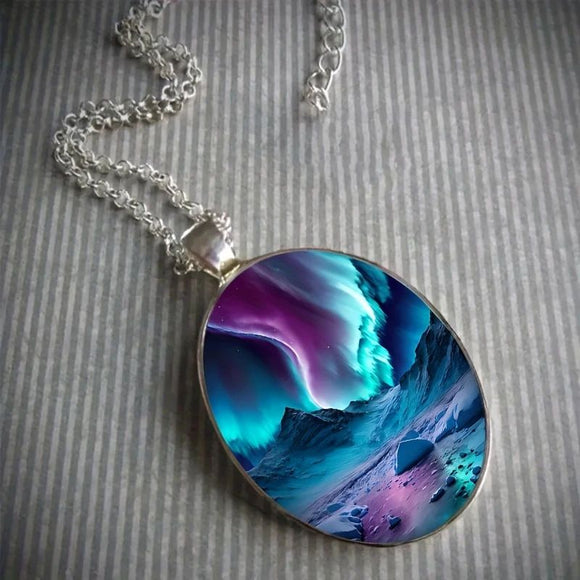 Pattern 1 Aurora Borealis Oval Pendant Necklace - Northern Lights Landscape Alloy Jewelry with 50cm Chain - Teal and Purple Art Charm for Women - Nature Inspired Gift Accessory