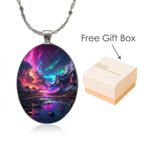 Pattern 2 Aurora Borealis Oval Pendant Necklace - Northern Lights Landscape Alloy Jewelry with 50cm Chain - Teal and Purple Art Charm for Women - Nature Inspired Gift Accessory
