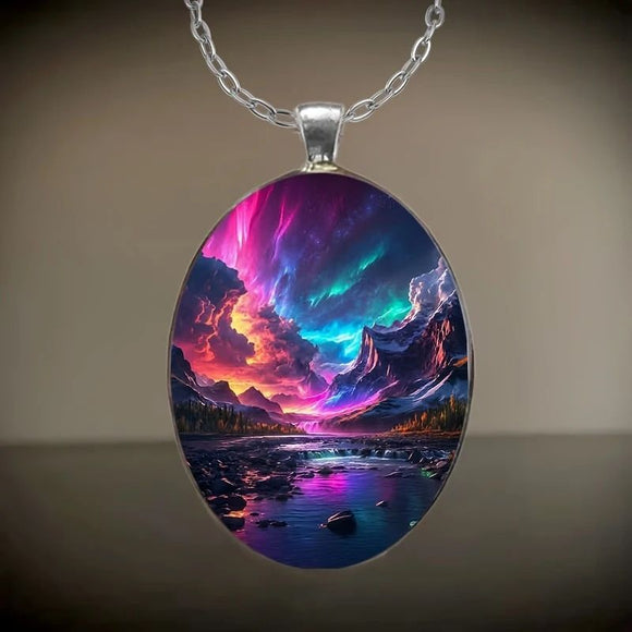 Pattern 2 Aurora Borealis Oval Pendant Necklace - Northern Lights Landscape Alloy Jewelry with 50cm Chain - Teal and Purple Art Charm for Women - Nature Inspired Gift Accessory