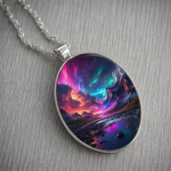 Pattern 2 Aurora Borealis Oval Pendant Necklace - Northern Lights Landscape Alloy Jewelry with 50cm Chain - Teal and Purple Art Charm for Women - Nature Inspired Gift Accessory