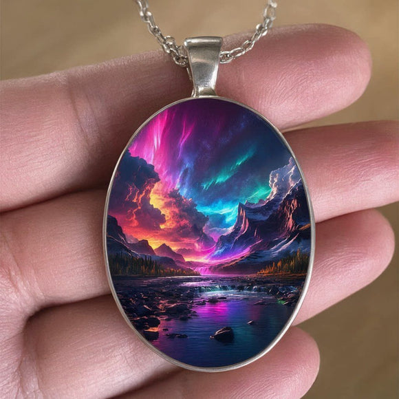 Pattern 2 Aurora Borealis Oval Pendant Necklace - Northern Lights Landscape Alloy Jewelry with 50cm Chain - Teal and Purple Art Charm for Women - Nature Inspired Gift Accessory