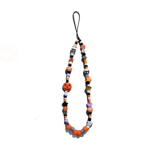 2-Pack Halloween Beaded Phone Charm - Cute Acrylic Pumpkin Skull Lanyard - Decorative Mobile Phone Accessory with Strap Loop - Spooky Festival Gift Suitable for couples