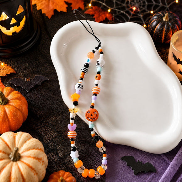 2-Pack Halloween Beaded Phone Charm - Cute Acrylic Pumpkin Skull Lanyard - Decorative Mobile Phone Accessory with Strap Loop - Spooky Festival Gift Suitable for couples