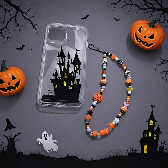 2-Pack Halloween Beaded Phone Charm - Cute Acrylic Pumpkin Skull Lanyard - Decorative Mobile Phone Accessory with Strap Loop - Spooky Festival Gift Suitable for couples