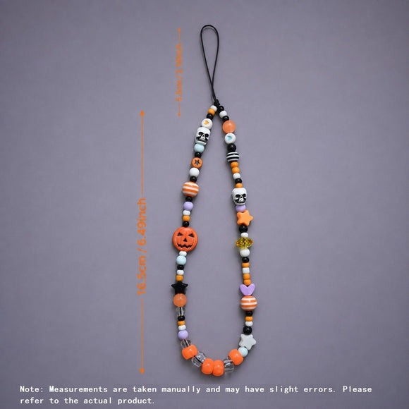2-Pack Halloween Beaded Phone Charm - Cute Acrylic Pumpkin Skull Lanyard - Decorative Mobile Phone Accessory with Strap Loop - Spooky Festival Gift Suitable for couples