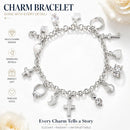 Silver Tone Multi-Charm Bracelet for Women - 13-Piece Cross Heart Moon Drop Pendant Chain Jewelry, Dainty Adjustable Fashion Gift-3