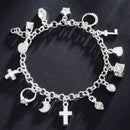 Silver Tone Multi-Charm Bracelet for Women - 13-Piece Cross Heart Moon Drop Pendant Chain Jewelry, Dainty Adjustable Fashion Gift-4