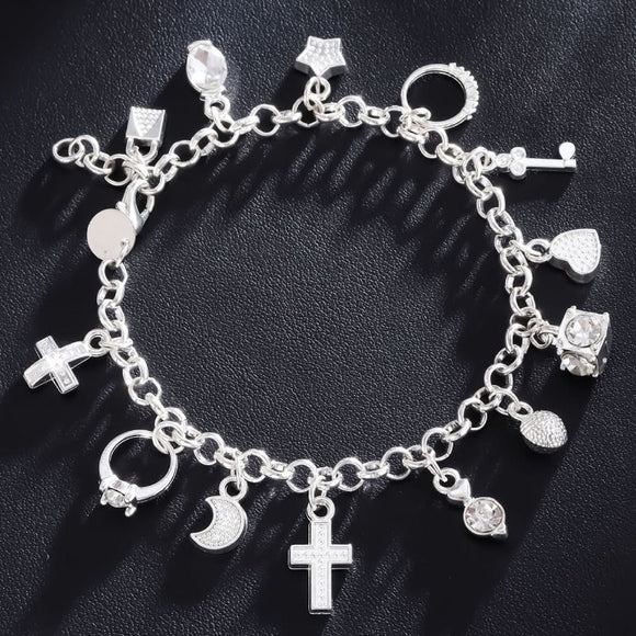 Silver Tone Multi-Charm Bracelet for Women - 13-Piece Cross Heart Moon Drop Pendant Chain Jewelry, Dainty Adjustable Fashion Gift