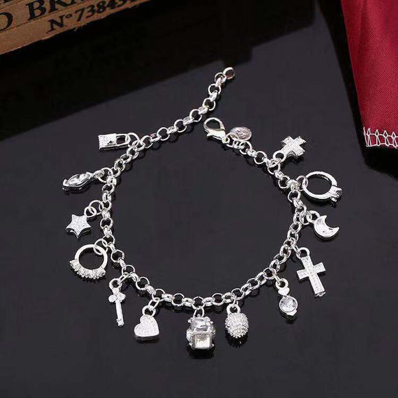 Silver Tone Multi-Charm Bracelet for Women - 13-Piece Cross Heart Moon Drop Pendant Chain Jewelry, Dainty Adjustable Fashion Gift