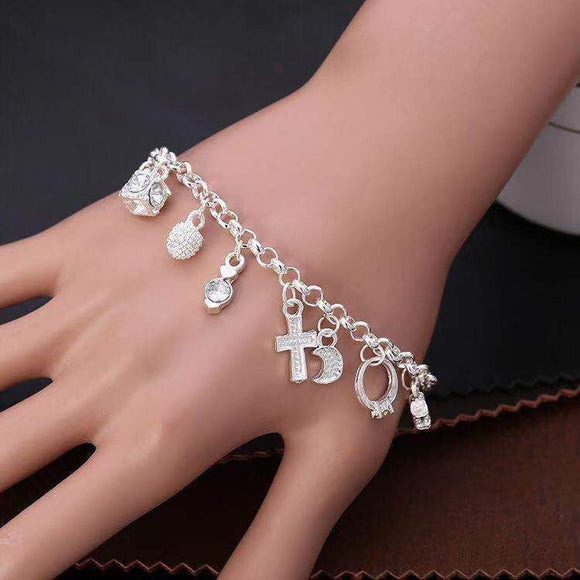 Silver Tone Multi-Charm Bracelet for Women - 13-Piece Cross Heart Moon Drop Pendant Chain Jewelry, Dainty Adjustable Fashion Gift