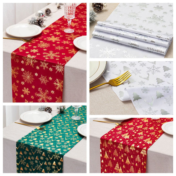 Golden Festive Snowflake-Print Christmas Table Runner - 28x200cm Polyester Table Decoration, Ideal for Christmas Parties and Home Decor