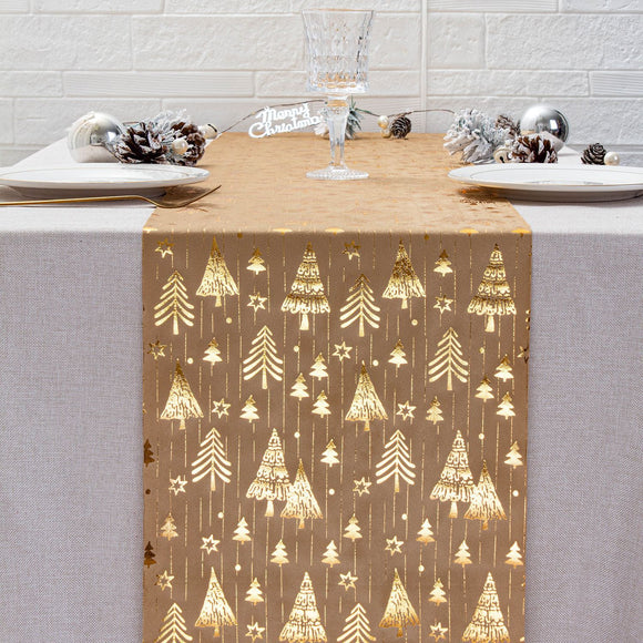 Golden Festive Christmas tree-Print Christmas Table Runner - 28x200cm Polyester Table Decoration, Ideal for Christmas Parties and Home Decor