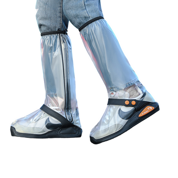 White High Top Waterproof Rain Shoe Covers - Size 2XL EU 46-47, Thick Sole Reusable Overshoes with Side Zip, Adjustable Strap and Anti-Slip Sole for Cycling and Walking