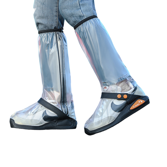 White High Top Waterproof Rain Shoe Covers - Size 2XL EU 46-47, Thick Sole Reusable Overshoes with Side Zip, Adjustable Strap and Anti-Slip Sole for Cycling and Walking