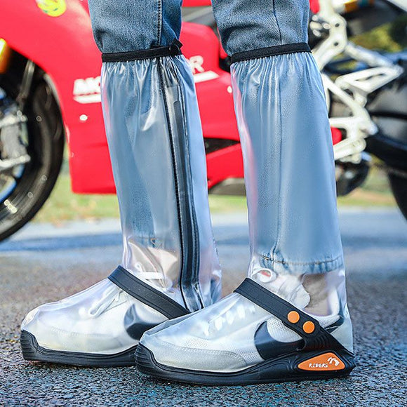 White High Top Waterproof Rain Shoe Covers - Size 2XL EU 46-47, Thick Sole Reusable Overshoes with Side Zip, Adjustable Strap and Anti-Slip Sole for Cycling and Walking