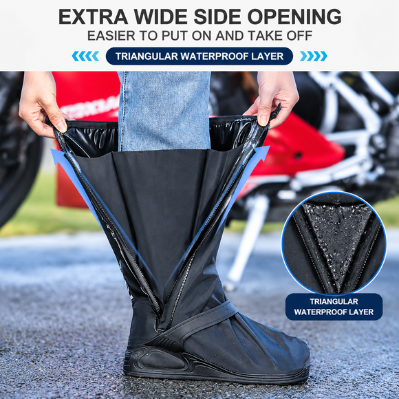 White High Top Waterproof Rain Shoe Covers - Size 2XL EU 46-47, Thick Sole Reusable Overshoes with Side Zip, Adjustable Strap and Anti-Slip Sole for Cycling and Walking