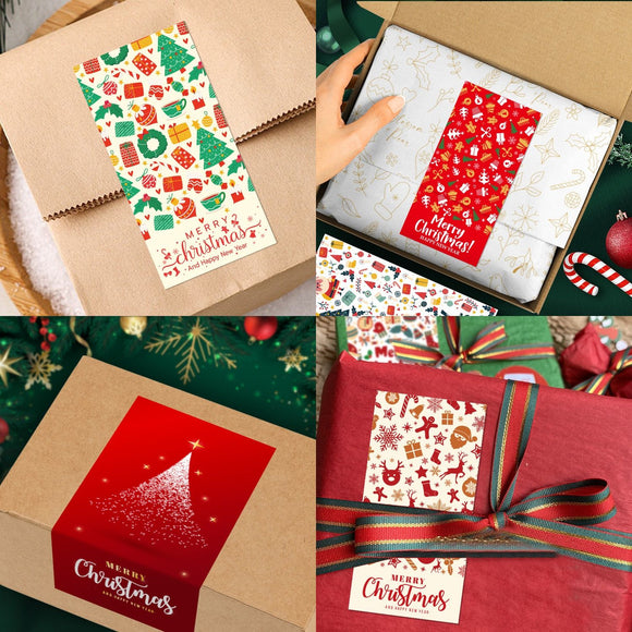 (Style 4) 50 Sheet Christmas Gift Sealing Sticker Set with 100 Stickers - 100 x 50 mm Rectangular Holiday Labels for Gift Boxes, Wrapping, Packaging and Envelopes