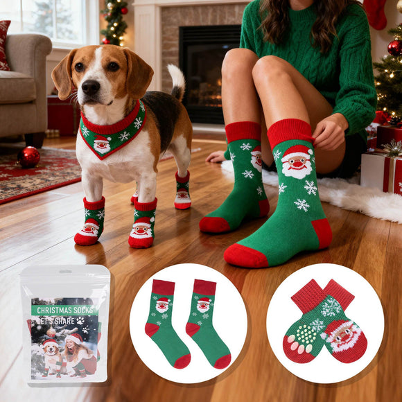Matching Christmas Socks Set for Adult and Dog- Santa Claus Design with One Pair Adult Socks and One Set L Size Anti Slip Pet Socks for Festive Photos and Holiday Wear