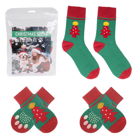 Matching Christmas Socks Set for Adult and Dog- Christmas Tree Design with One Pair Adult Socks and One Set M Size Anti Slip Pet Socks for Festive Photos and Holiday Wear