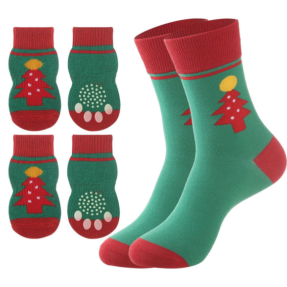 Matching Christmas Socks Set for Adult and Dog- Christmas Tree Design with One Pair Adult Socks and One Set L Size Anti Slip Pet Socks for Festive Photos and Holiday Wear