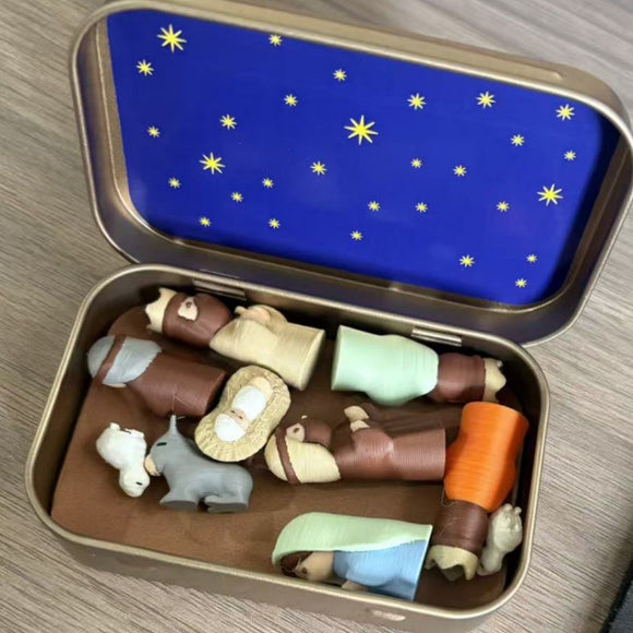 Mini Christmas Nativity Scene Ornament - Small Tabletop Holiday Decoration in Decorative Tin Case, Creative Festive Display for Desk, Shelf and Gift Giving
