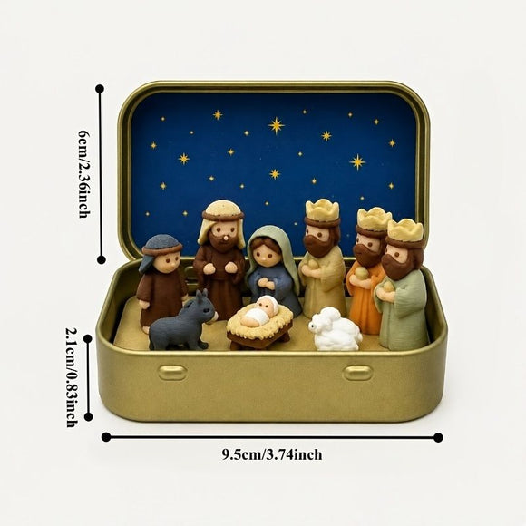 Mini Christmas Nativity Scene Ornament - Small Tabletop Holiday Decoration in Decorative Tin Case, Creative Festive Display for Desk, Shelf and Gift Giving