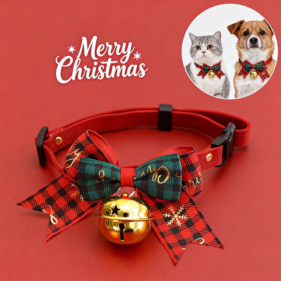2 PCS Red Pet Christmas Bow Collar with Bell- 34-56 cm Adjustable Festive Bowtie Neck Collar for Cats and Dogs, Cute Holiday Party Decoration Accessory