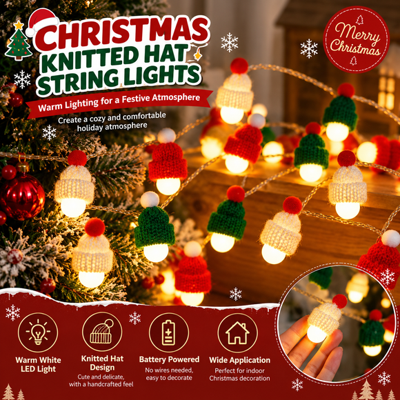 Christmas Knitted Hat String Lights (1.5M)- Warm White LED Fairy Lights with Red, Green and White Mini Hat Covers, Battery Powered Festive Decor for Tree, Mantel and Windows