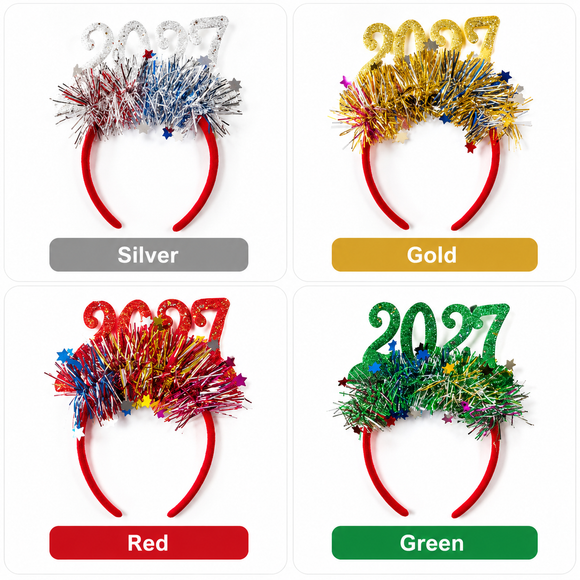 4 Pack 2027 New Year Headbands - Glitter Number Party Headbands with Metallic Tinsel and Star Confetti in Silver, Gold, Red and Green for NYE Celebrations