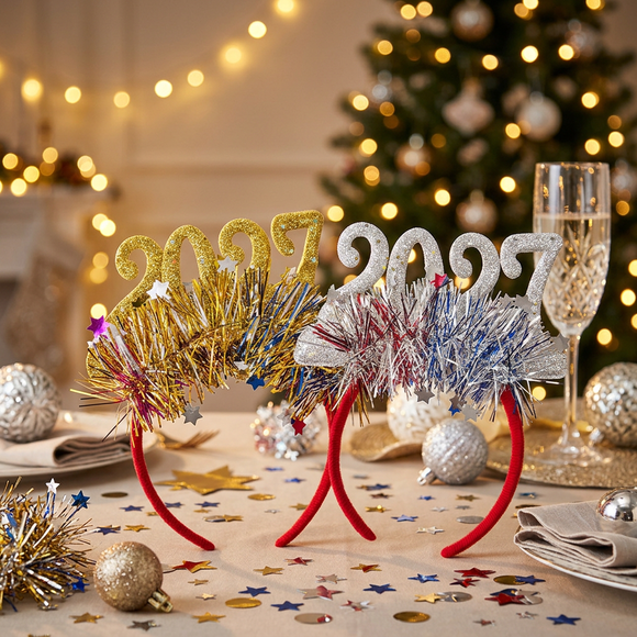 4 Pack 2027 New Year Headbands - Glitter Number Party Headbands with Metallic Tinsel and Star Confetti in Silver, Gold, Red and Green for NYE Celebrations