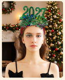 4 Pack 2027 New Year Headbands - Glitter Number Party Headbands with Metallic Tinsel and Star Confetti in Silver, Gold, Red and Green for NYE Celebrations-4