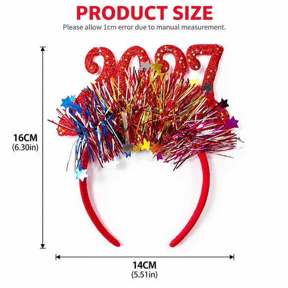 4 Pack 2027 New Year Headbands - Glitter Number Party Headbands with Metallic Tinsel and Star Confetti in Silver, Gold, Red and Green for NYE Celebrations