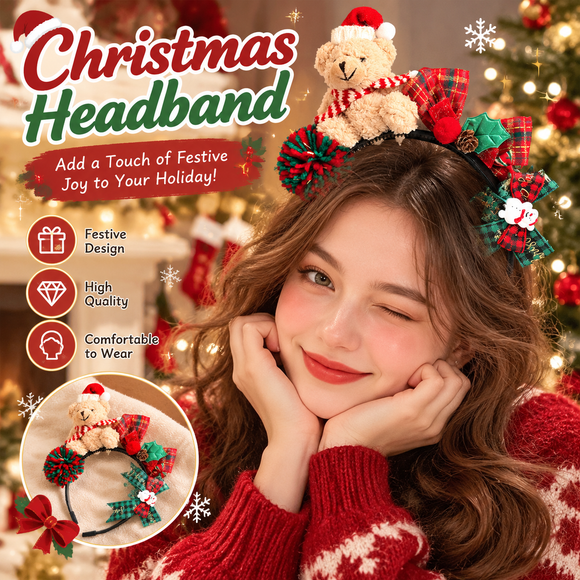 Christmas Teddy Bear Headband - Festive Plush Bear Hair Accessory with Santa Hat, Plaid Bows, Pom Pom and Holly Decorations for Christmas Parties and Holiday Photos