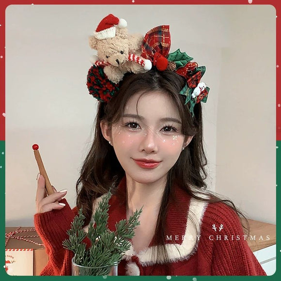 Christmas Teddy Bear Headband - Festive Plush Bear Hair Accessory with Santa Hat, Plaid Bows, Pom Pom and Holly Decorations for Christmas Parties and Holiday Photos