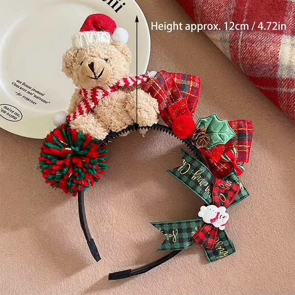 Christmas Teddy Bear Headband - Festive Plush Bear Hair Accessory with Santa Hat, Plaid Bows, Pom Pom and Holly Decorations for Christmas Parties and Holiday Photos