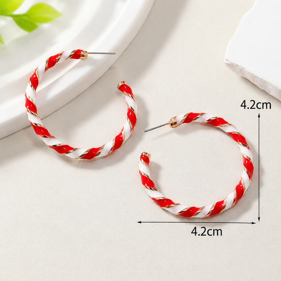 Christmas Candy Cane Hoop Earrings - 4.2cm Red and White Spiral Striped Hoop Earrings with Gold Tone Accents for Festive Parties, Holiday Outfits and Gifting