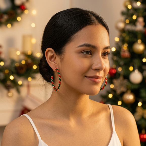 Christmas Red and Green Spiral Hoop Earrings - 4.2cm Festive Striped Statement Earrings with Gold Tone Accents for Holiday Parties, Christmas Outfits and Gifting