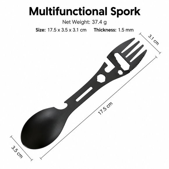 Multifunctional Camping Spork - Stainless Steel Spoon Fork Combo with Bottle Opener, Can Opener and Wrench Tool, Portable Outdoor Cutlery for Hiking, Camping and Picnics